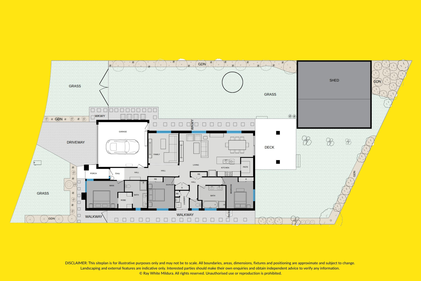 Full home and site plan showing the separate family room, open living and kitchen, bedrooms, garage, deck, garden and shed