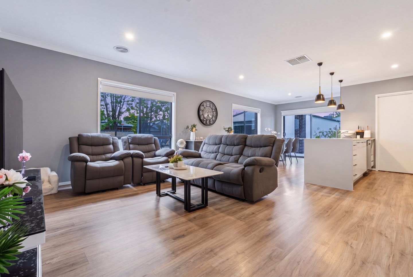 Open-plan living, dining and kitchen